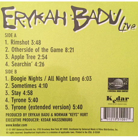 Erykah Badu - Live (9 Track LP) Appletree / Rimshot / Searchin / Stay / Sometimes / Extended Studio Mix Of Tyrone
