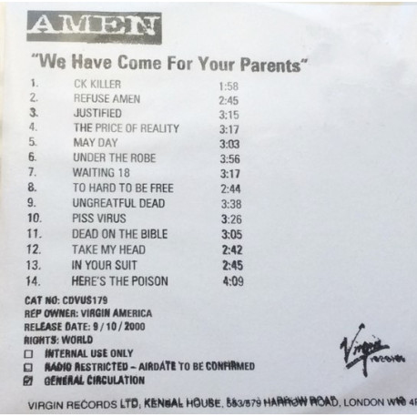 (CD) Amen - We have come for your parents (14 Track CD Promo)