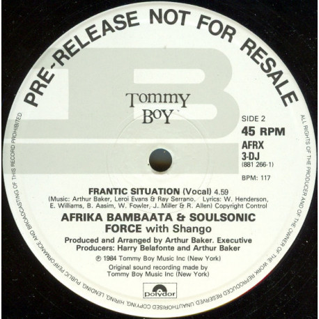 Afrika Bambaataa & Soulsonic Force - Frantic Situation (Vocal Mix / Frantic Mix / Instrumental) Vinyl Promo