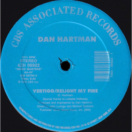 Dan Hartman - Vertigo Relight My Fire (Full Length John Luongo Mix) / Instant Replay (Tom Moulton Mix)