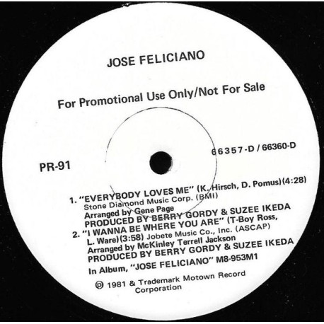 Jose Feliciano - 4 Track Sampler Featuring I Wanna Be Where You Are / Everybody Loves Me / I Second That Emotion (Promo)