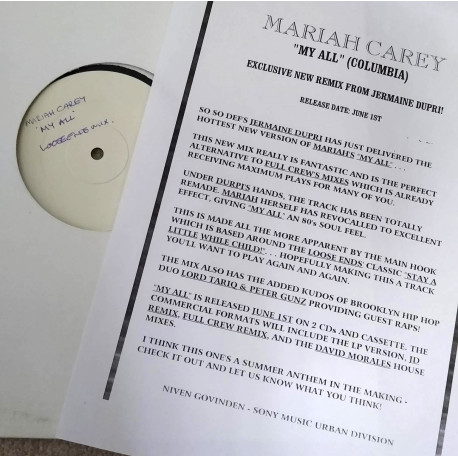 Mariah Carey - My all (Jermaine Dupri version)  12" Vinyl Record White Label.