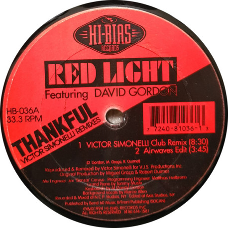 Red Light Featuring David Gordon - Thankful (Victor Simonelli Club Remix / Vocal Vision Dub / Ecliptic Disco Mix / Praiseapella)