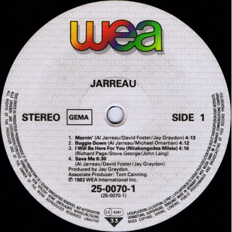 Al Jarreau - Jarreau (9 Track LP) NO COVER Mornin / Save Me / Boogie Down / I Will Be There For You / Love Is Waiting