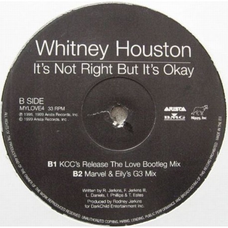 Whitney Houston - Its Not Right But Its Okay (KCC Release The Love Bootleg Mix / Marvel & Eilys G3 Mix) Vinyl Promo