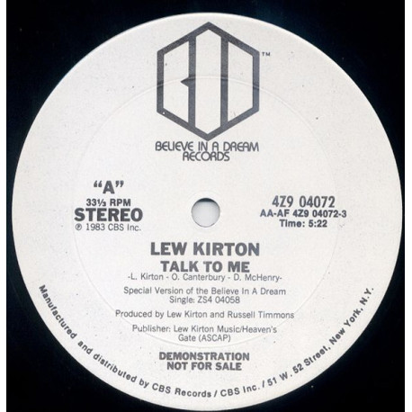 Lew Kirton - Talk To Me (Vocal Mix / Instrumental) Vinyl Promo Still In Shrink Wrap