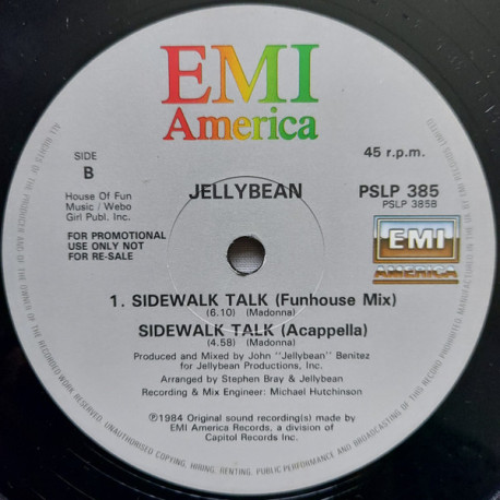 Jellybean - Sidewalk Talk (Dance Mix / Funhouse Mix / Acappella) Vinyl Promo