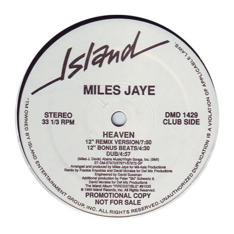 Miles Jaye - Heaven (Frankie Knuckles Club Mix / Dub / Beats / Highway To Heaven Mix / 2 Silver Cloud Mixes) Vinyl Promo