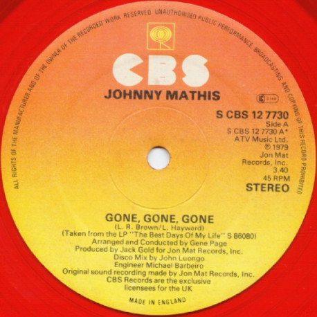 Johnny Mathis - Gone Gone Gone (John Luongo Disco Mix) / Im Stone In Love With You / Loving You / Best Days Of My Life