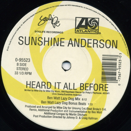 Sunshine Anderson - Heard it all before (Ben Watt Lazy Dog Remix / Lazy Dog Beats / E-Smoove Vocal mix / E-Smoove Dub mix)