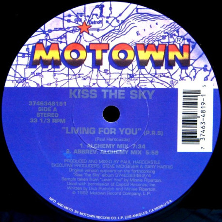 Kiss The Sky - Living for you (Alchemy Mix / Alchemy Edit / Alchemy Instrumental) Paul Hardcastle Production (12" Vinyl Record)