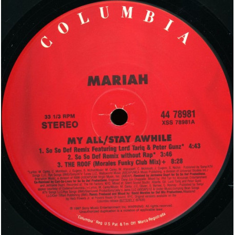 Mariah Carey - My All (2 So So Def Mixes Sampling Loose Ends / David Morales Def Club Mix / My Club Mix) / The Roof