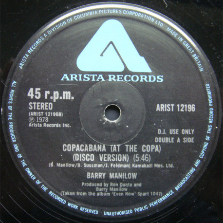 Barry Manilow - Copacabana (Original Disco Mix) / Somewhere In The Night