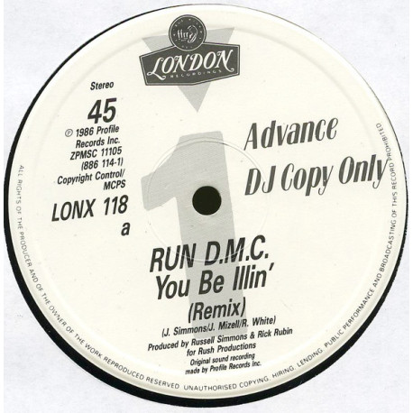 Run DMC - You Be Illin (Remix / Instrumental) / Hit It Run (Vinyl Promo)