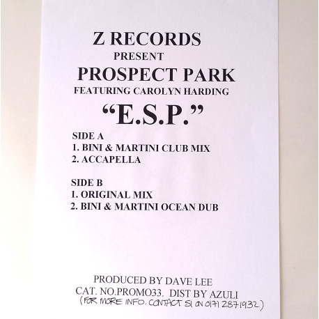 Prospect Park Featuring Carolyn Harding - E.S.P. (Dave Lee Mix / Accapella / Bini & Martini Club Mix / Bini & Martini Dub)