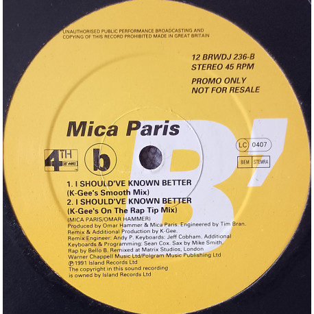 Mica Paris - I Shouldve Known Better (Original Mix / K Gees Smooth Mix / K Gees On The Rap Tip Mix) Vinyl Promo