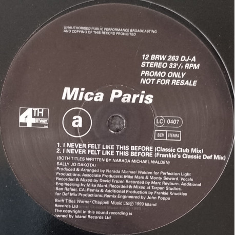 Mica Paris - I Shouldve Known Better (Original Mix) / I Never Felt Like This Before (Frankie Knuckles Mixes) Vinyl Promo