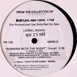 Lionel Richie - Running With The Night (Vocal Mix / Instrumental) Vinyl Promo (DJ Stamp On Label See Image)
