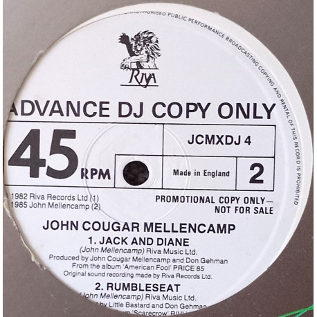 John Cougar Mellencamp - Jack And Diane / Rumbleseat / Lonely Ol Night (Vinyl Promo)