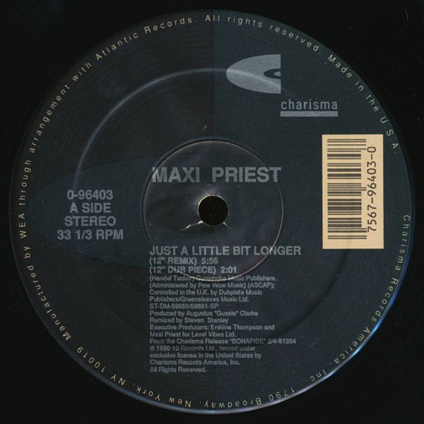 Maxi Priest - Just A Little Bit Longer (12" Remix / Dub / Bobby Konders Massive Sounds Remix) / No On My Own (12" Vinyl Record)