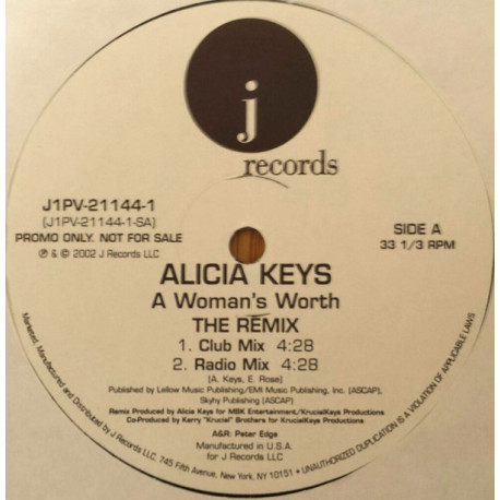 Alicia Keys - A womans worth (The Remix) Club mix / Radio mix / Instrumental / Acappella (Promo)