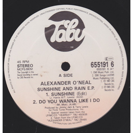 Alexander ONeal - 4 Track EP - Sunshine / Do you wanna like I do / Crying overtime / A broken heart can mend (EP Vinyl Record)
