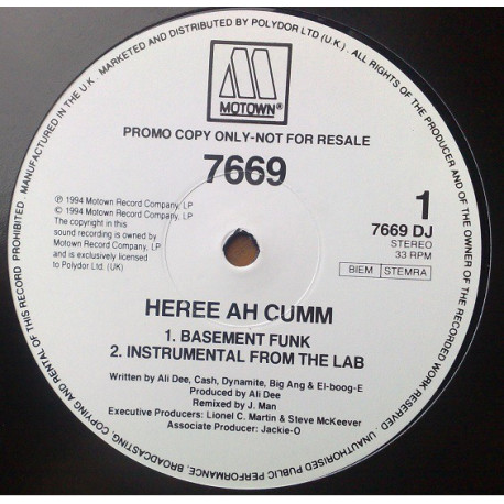7669 - Heree ah cumm (LP Version / Basement Funk mix / Instrumental) / So high (Beedies mix) 12" Vinyl Record Promo