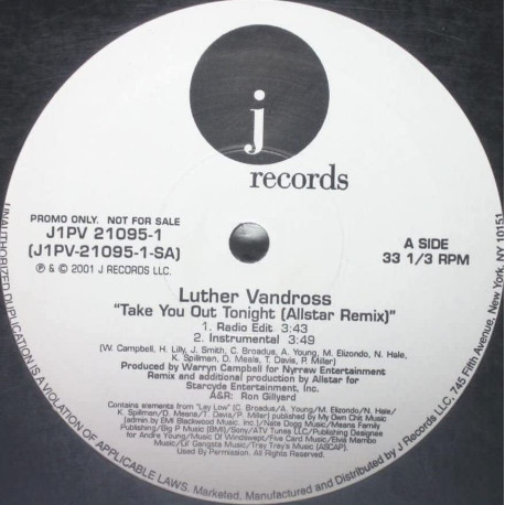 Luther Vandross - Take you out tonight (Allstar Remix / Instr / Radio Edit / Acapella) 12" Vinyl Record Promo