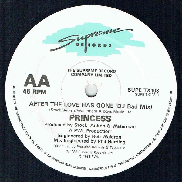 Princess - After the love as gone (DJ Bad Mix / PW Floater Mix) 12" Vinyl Record