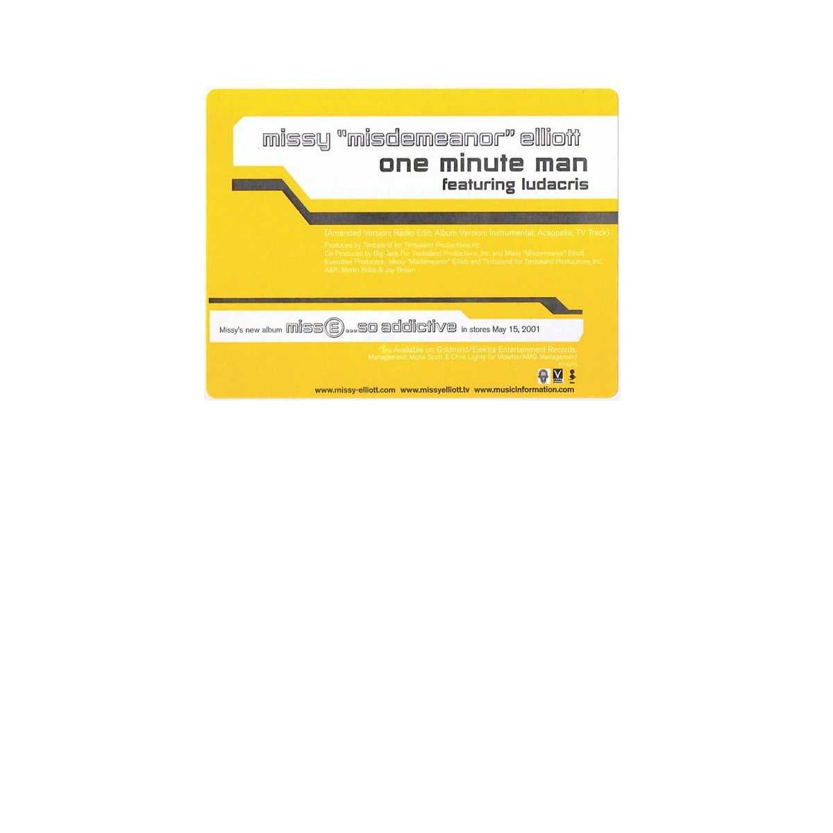 Missy Misdemeanor Elliott - One minute man (6 Original mixes featuring Ludacris) Promo