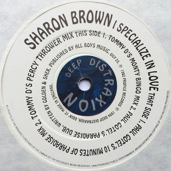 Sharon Brown - I specialize in love (2 Tommy D Mixes / 2 Paul Gotel Mixes) 12" Vinyl Record