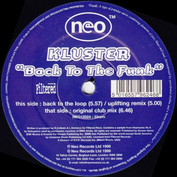 Kluster - Back to the funk (Original Club mix / Uplifting Remix / Back To The Loop mix) Vinyl 12"