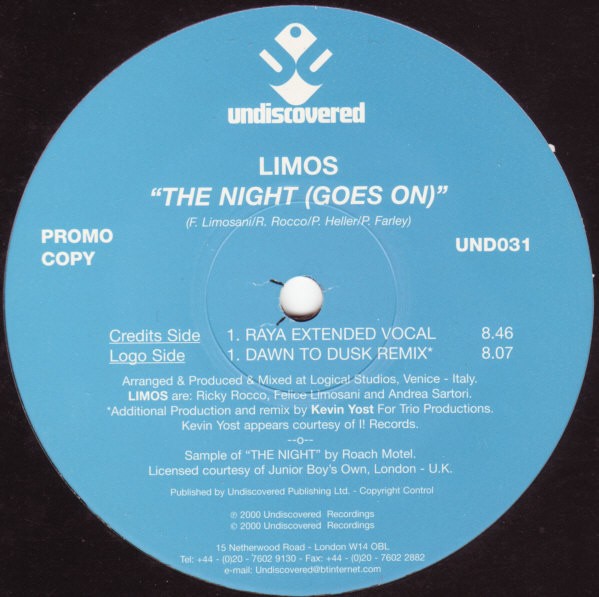 Limos - The night (goes on) Raya Extended Version / Dawn To Dusk Mix / Kevin Yost Restless Night Remix) Vinyl Double