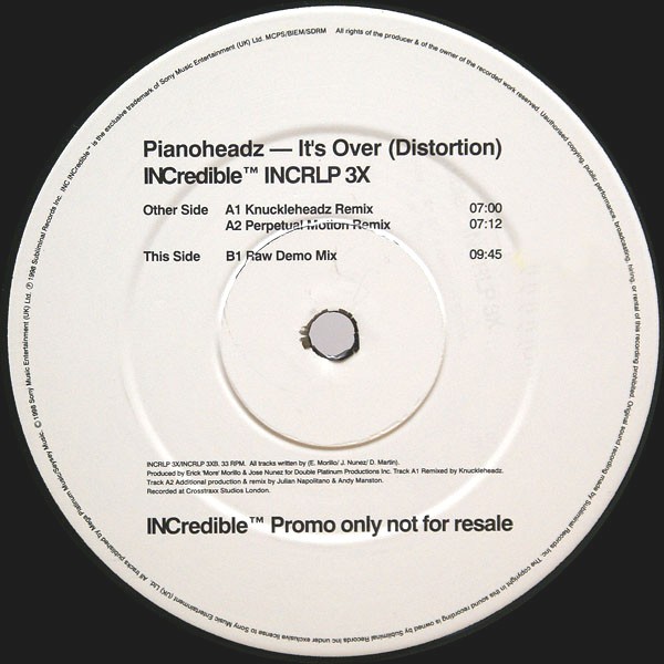 Pianoheadz - Its over (distortion) Knuckleheadz remix, Perpetual motion remix (12" Vinyl Record Promo)