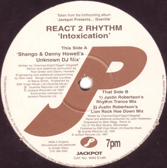 React 2 Rhythm - Intoxication (Shango & Danny Howells Unknown DJ mix / 2 Justin Robertson Mixes) Vinyl 12"