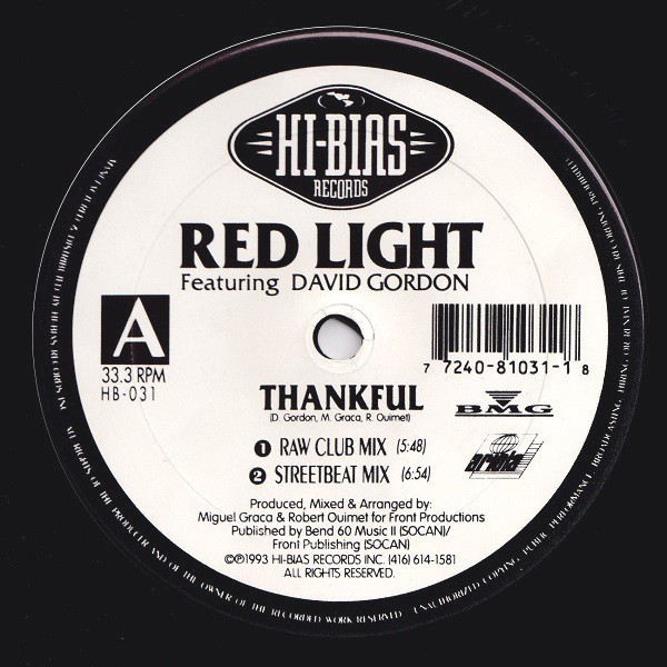 Red Light feat David Gordon - Thankful (Raw Club mix / Streetbeat mix / MGs Intense Dub / MGs Chillout Vocal mix) Vinyl