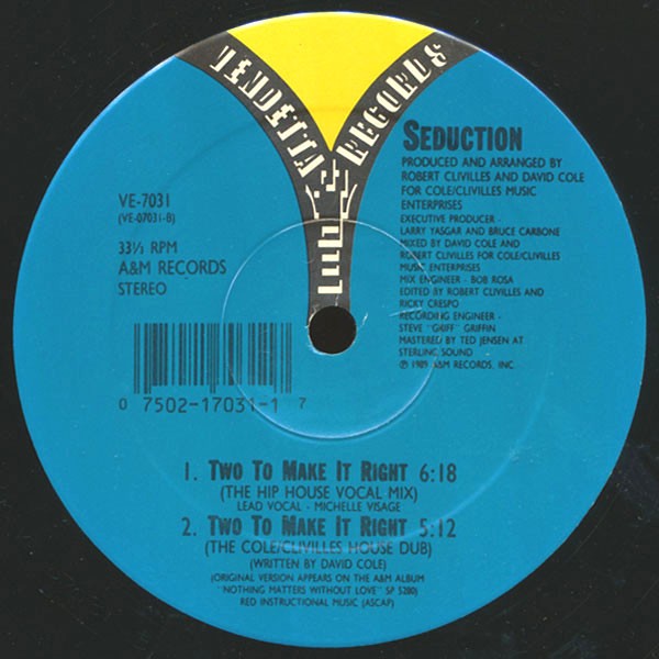 Seduction - Two To Make It Right (The Cole-Clivilles Club Mix,  Dub Mix, House Dub / Hip House Vocal Mix) Vinyl