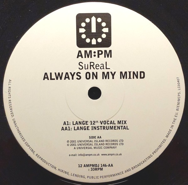 Sureal - Always on my mind (Lange Vocal mix / Lange Instrumental) Vinyl Promo